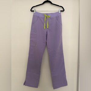 Figs Purple Straight Leg Scrubs with Green Drawstring